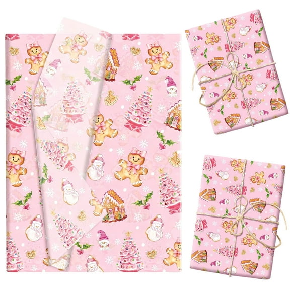Pink Christmas Gingerbread Man Tissue Paper - 50 Sheets, DIY Party Decor & Gift Wrapping, Cute Holiday Supplies for Xmas Parties