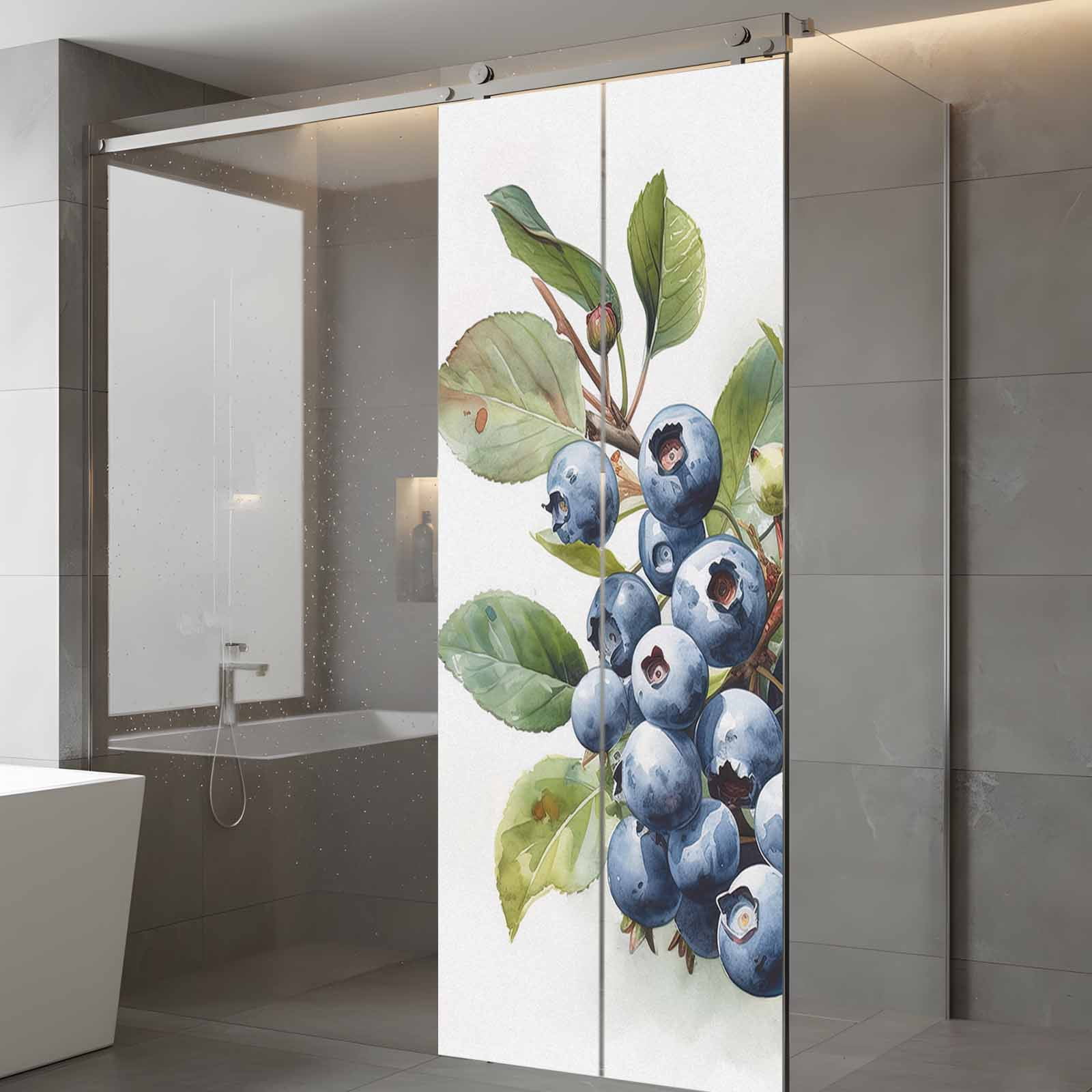 Blueberries Window Privacy Film, Farmhouse Blue Fruits Green Botanical Static Cling UV Sun Blocking Heat Control Window Tint Day and Night, Non-Adhesive One Way Windows Privacy Cover 23.6''x59''