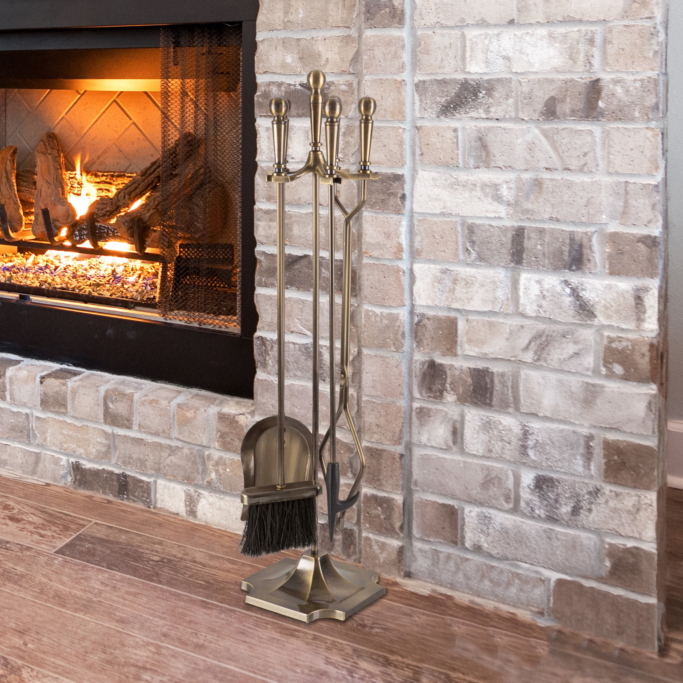 Lavish Home 5PC Indoor/Outdoor Fireplace Tool Set with Stand, Antique Brass