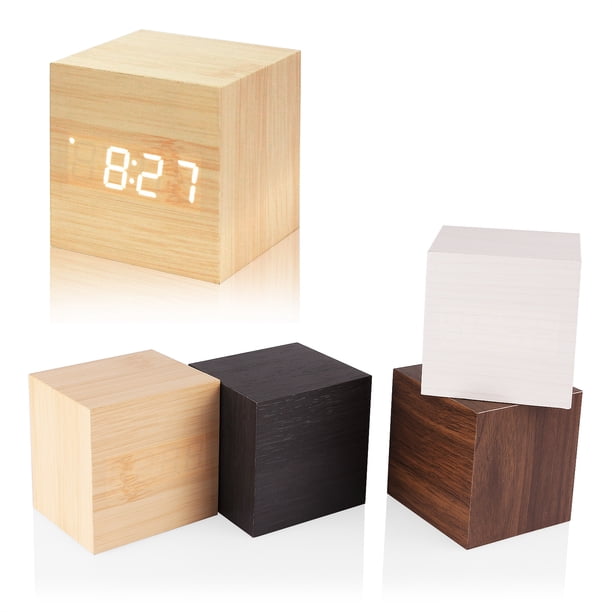 Cubo De Madera Moderno Diseño Digital Led Despertador De Escritorio Control De Voz Termómetro Temporizador Calendario seitruly HA025891-04
