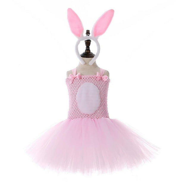 L Vestido tutú con lazo y cuello halter de tul rosa con cola de conejo para niñas con diadema con orejas de conejo disfraz de Cosplay para fiesta de Carnaval de Halloween de Pascu