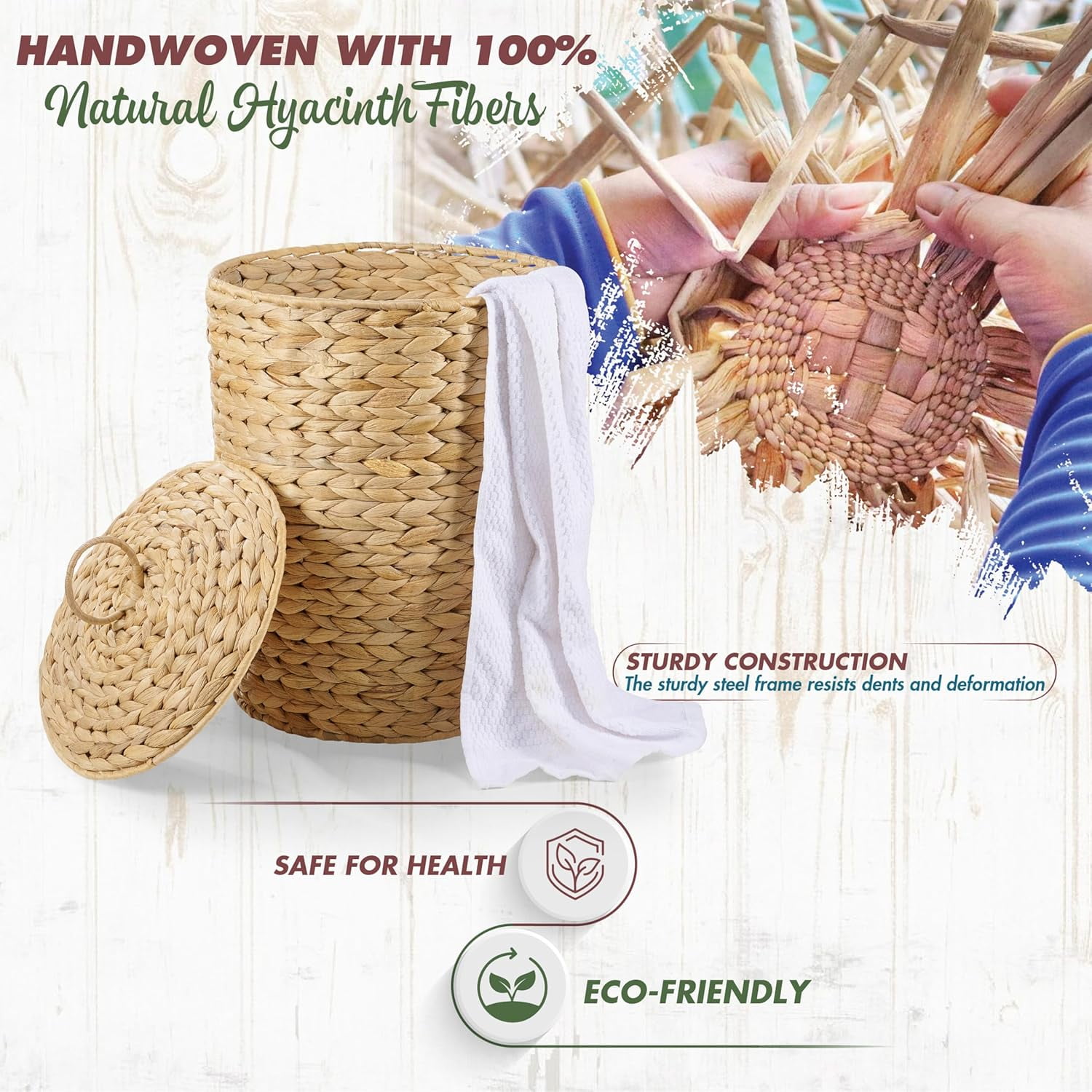 Wicker Trash Can with Lid and Removable Liner, Wicker Rattan Bathroom Trash Can, Large Woven Bin for Office, Hyacinth Waste Basket for Bedroom, Living Room, Kitchen