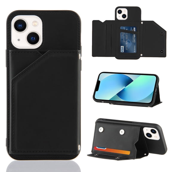 Mantto for iPhone 13 Wallet Case, Double Magnetic Clasp Back Flip Kickstand with RFID Blocking Credit Card Holder Folio Durable Leather Phone Cases for Women Men Girls,Black