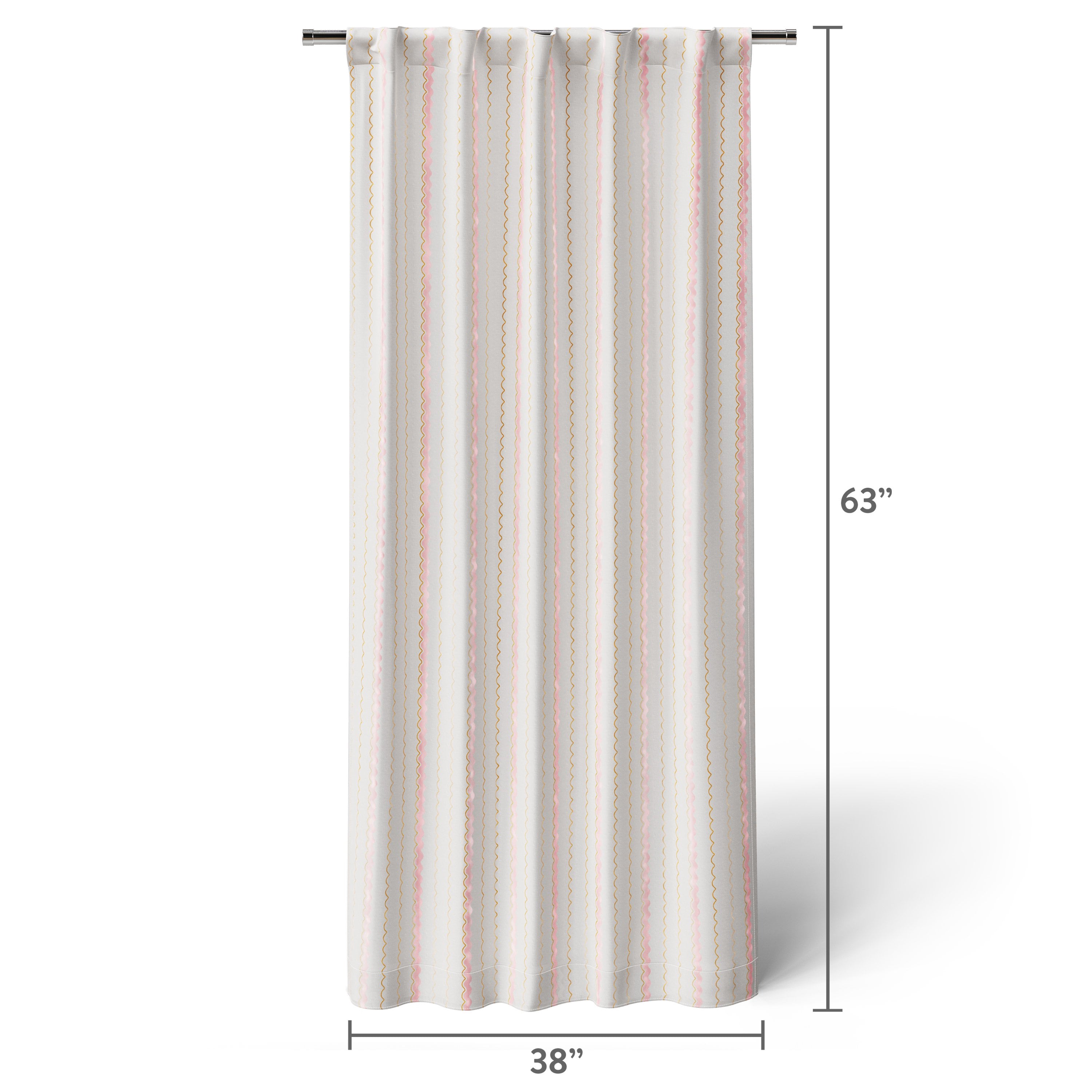 Mainstays Kids White and Pink Scallop Stripe Sheer Overlay Blackout Rod Pocket with Back Tabs Single Curtain Panel, 38" W x 63" L