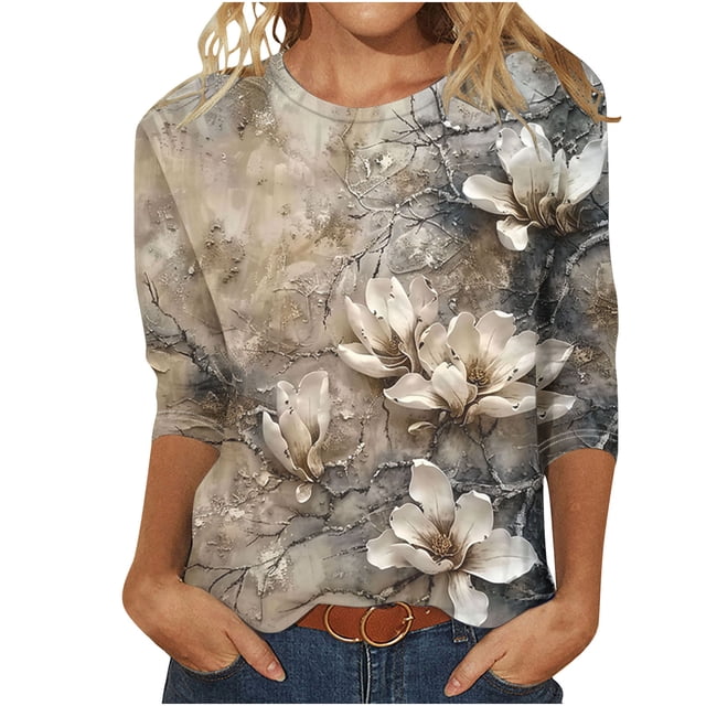 Tnhcen Hauts Graphiques Basiques à Manches 7/8 et Col Rond Imprimé Vintage pour Femmes - Chemises d'Automne Amicales Grande Taille P-5TG