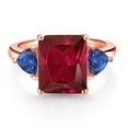 thumbnail image 2 of Gem Stone King 18K Rose Gold Plated Silver Red Created Ruby and Blue Created Sapphire 3 Stone Ring for Women (6.78 Cttw, Octagon 12X10MM, Trillion 5X5MM, Gemstone July Birthstone, Size 8), 2 of 3