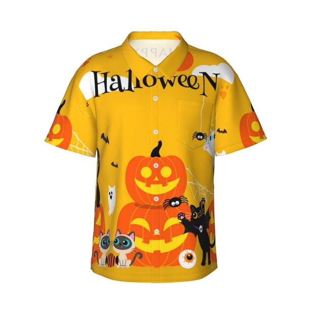 Fotbe Happy Halloween1 Camisa Hawaiana para Hombre Unisex – Camisa Casual de Verano con Botones de Manga Corta de Algodón y Lino,Medium