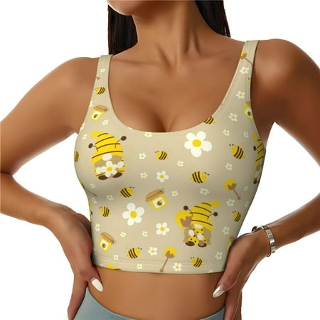 Jgfou Cute Bee Gnomes Print Womens Sports Bra - Padded Workout Sports Bras Crop Tank Top