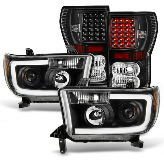 AKKON - Fits 2007-2013 Toyota Tundra SMD LED Tube Projector Black Headlights Blk Premium LED Tail Brake Lights Pair Left Right