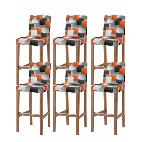 Orange Gray Black Bar Stool Covers Set of 6, Modern Abstract Geometric Plaid Stretch Washable Bar Chair Covers with Backs, Removable Pub Counter Height Chair Cover for Kitchen Dining Room Cafe