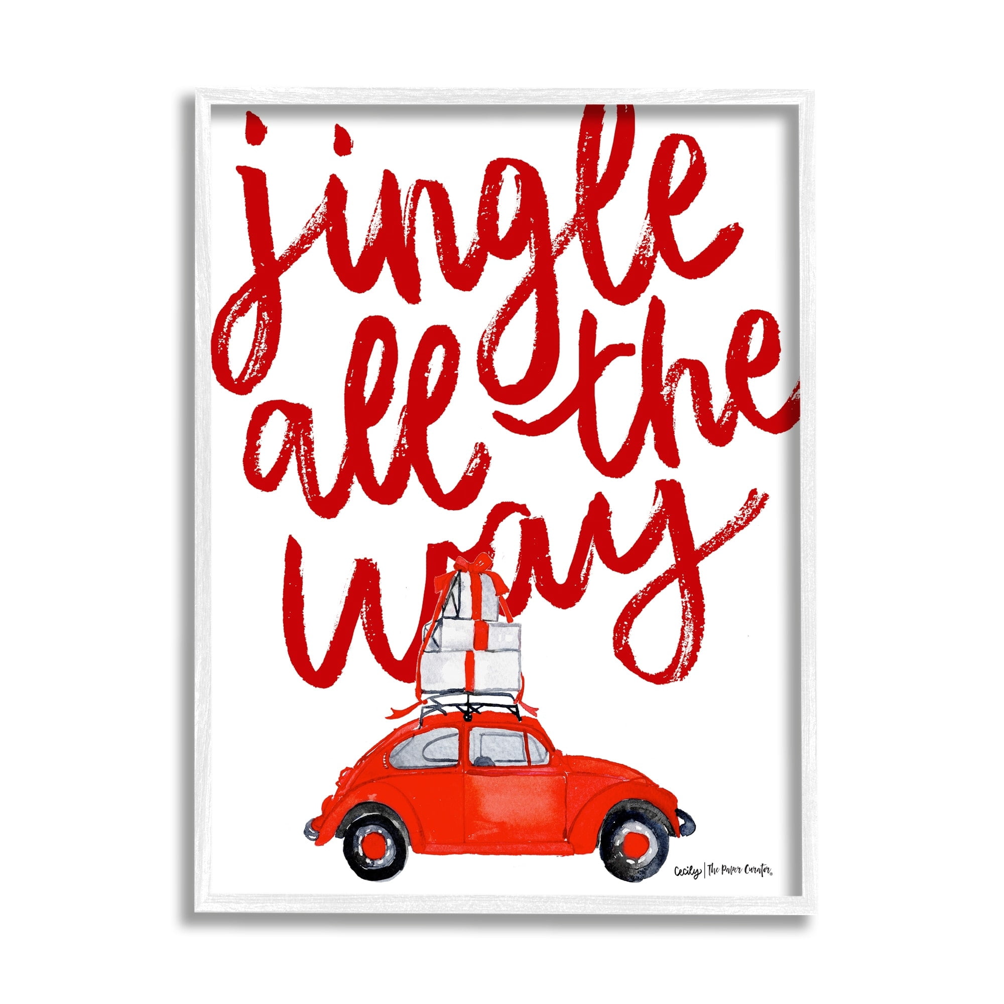 Stupell Industries Jingle All The Way Holiday Gifts Red Car Driving Graphic Art White Framed Art Print Wall Art, Design by Cecily Moore