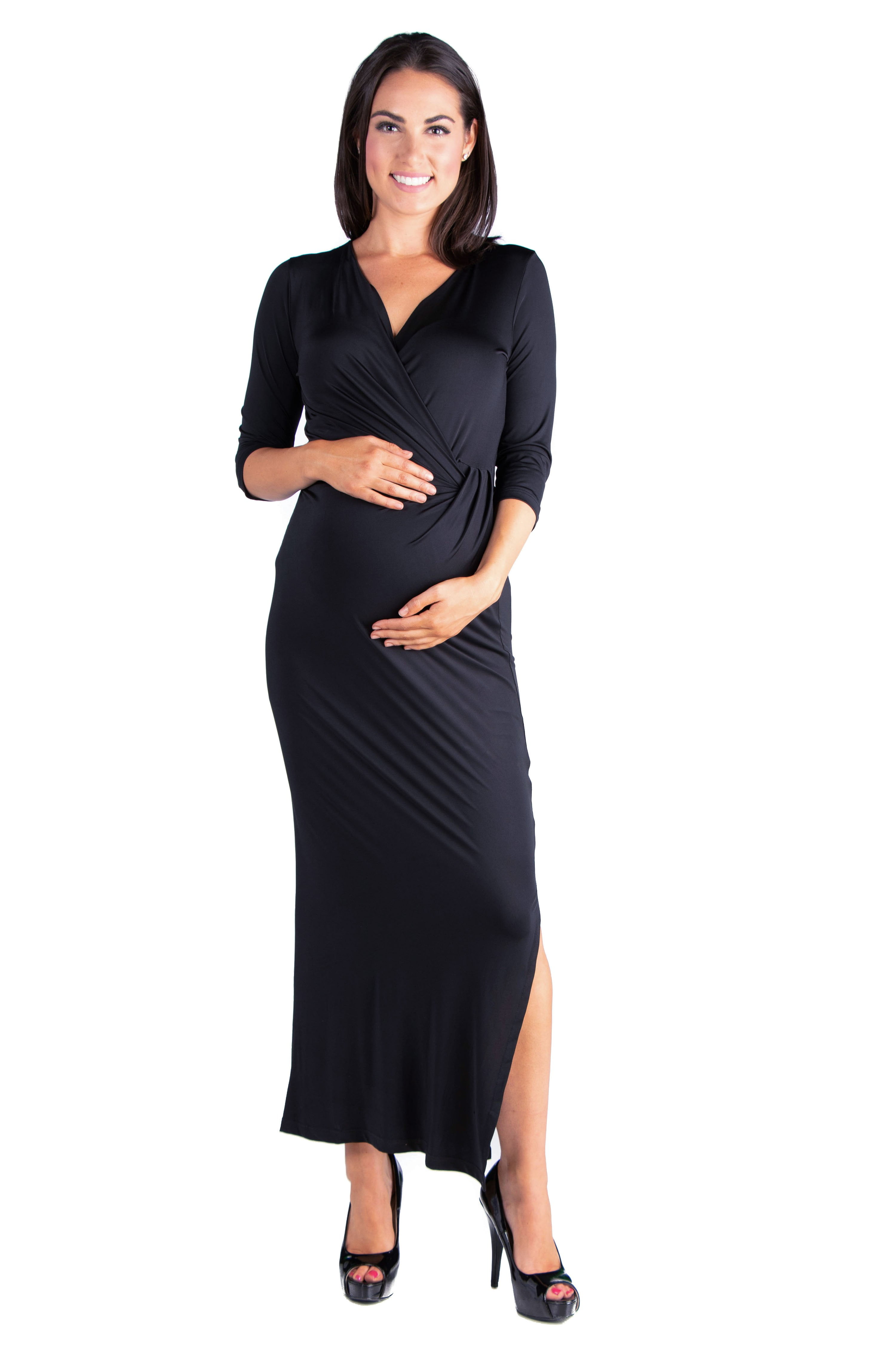 24seven Comfort Apparel Alluring V-Neck Side Slit Maternity Maxi Dress