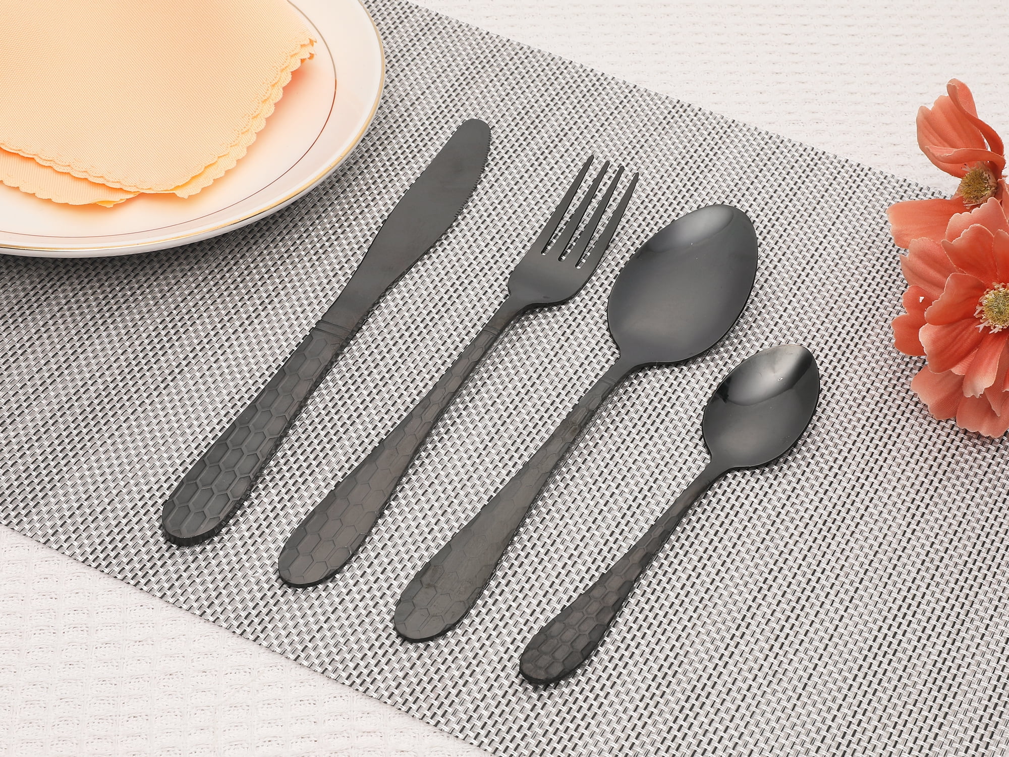 Unique Bargains 16 Pieces Stainless Steel Flatware Set Black
