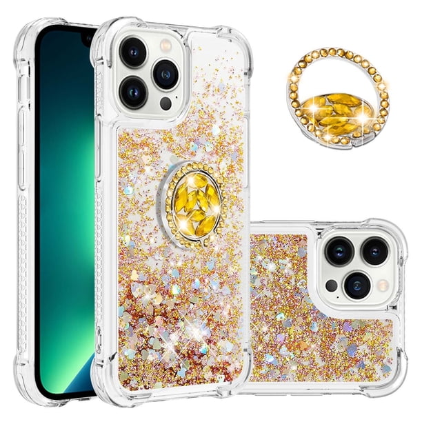 Funda para iPhone 13 Pro con Brillo Líquido Flotante, Purpurina, Parachoques y Anillo Giratorio Soporte