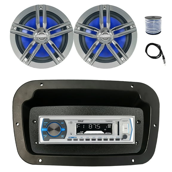 Pyle PLMRB29W Single DIN Bluetooth Marine MP3 Stereo Receiver, Spa bezel, Adapter Plate, 22" Radio Antenna, Wire, 2x 6.5" 180 Watt Max Power 2-Way Water Resistant Audio Speakers (Charcoal)