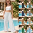 thumbnail image 2 of LRen Girl Pants Size 10-12, Girls Summer Elastic Waist Wide Leg Pants Beach Vacation Trousers with Pockets, 2 of 7