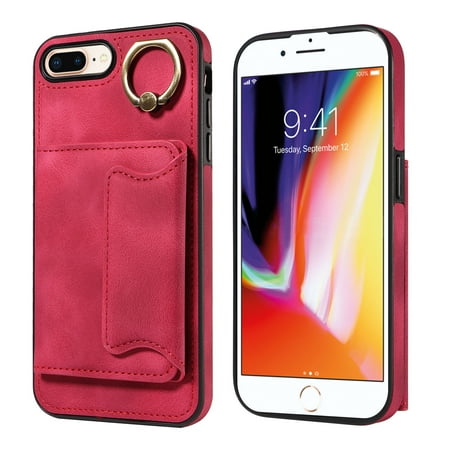 Case for iPhone 8 Plus, PU Leather 3 Card Slots with Finger Ring Holder Shockproof Phone Case