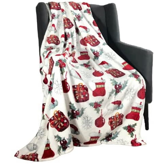Serafina Home Christmas Holiday Throw Blanket: Presents Stockings Ornaments Holly and Silver Snowflakes, Soft Cozy Accent for Sofa Couch Chair Bed or Dorm, Red Grey Green White