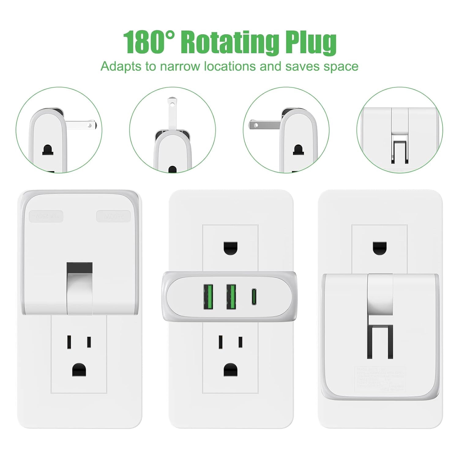 JJEAN-Flat Wall Outlet Extender with USB Charging Ports, 180° Swivel Power Strip 2 USB Ports, 2 Prong Folding Plug for Tight Spaces, Type A Ultra Thin Design (White)