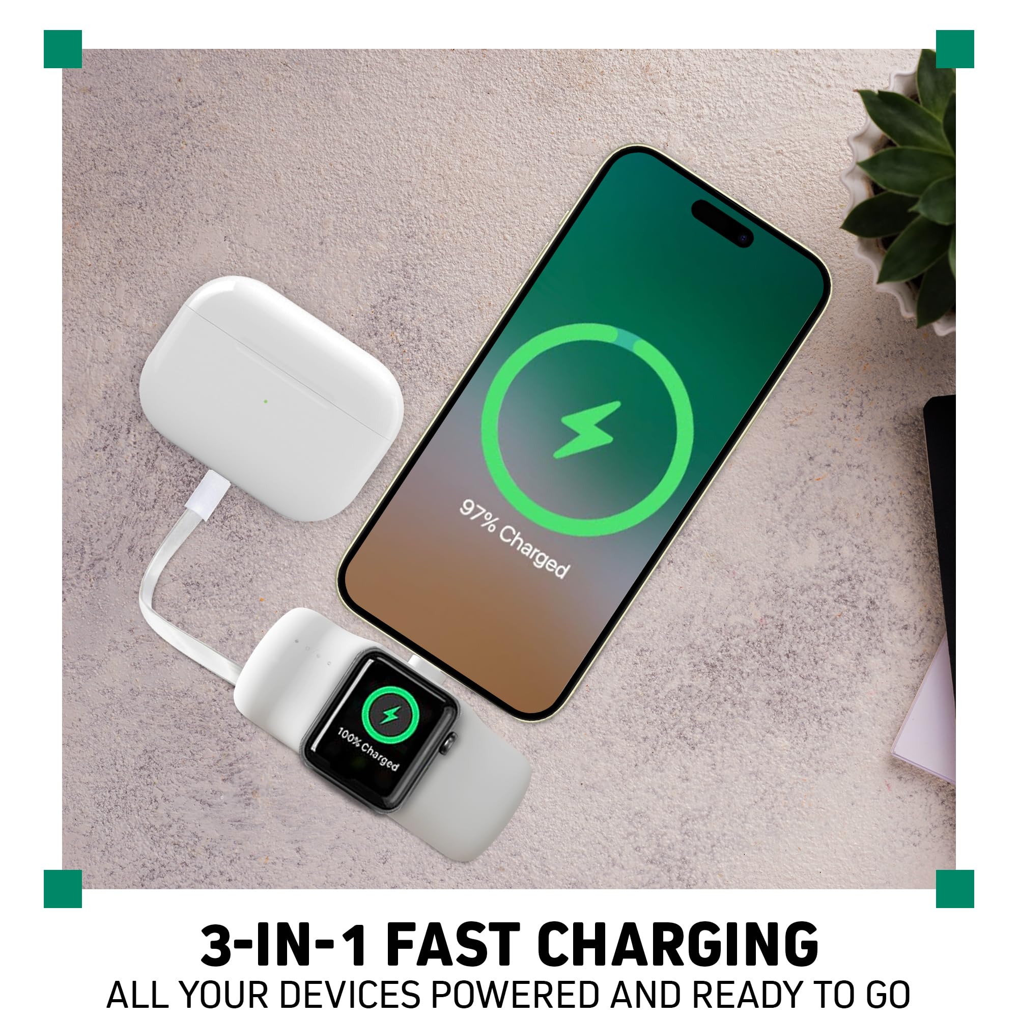 CHARGEWORX 3 in 1 Portable Charger Power Bank for iPhone, USB-C Devices, Smart Watch, 5000mAh Battery, Ultra Compact, Fast Charging Travel Charger, LED Battery Indicator (white)