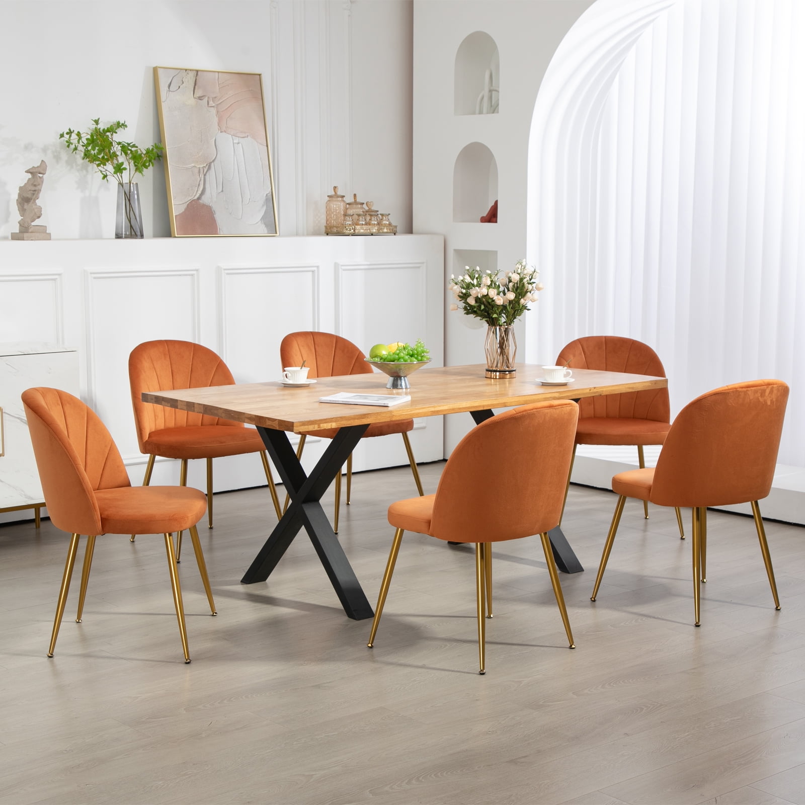 Newnno Velvet Modern Dining Chairs Set of 2, Upholstered Armless Accent Side Chair with Metal Legs for Kitchen Dining Room, Orange