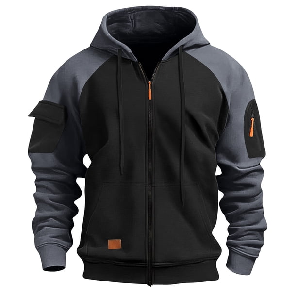 Ceisia Men's Long Sleeve Jacket Drawstring Full-Zip with Kanga Pocket Color Block Sweatshirts Casual Hoodies Dark Gray L Gift