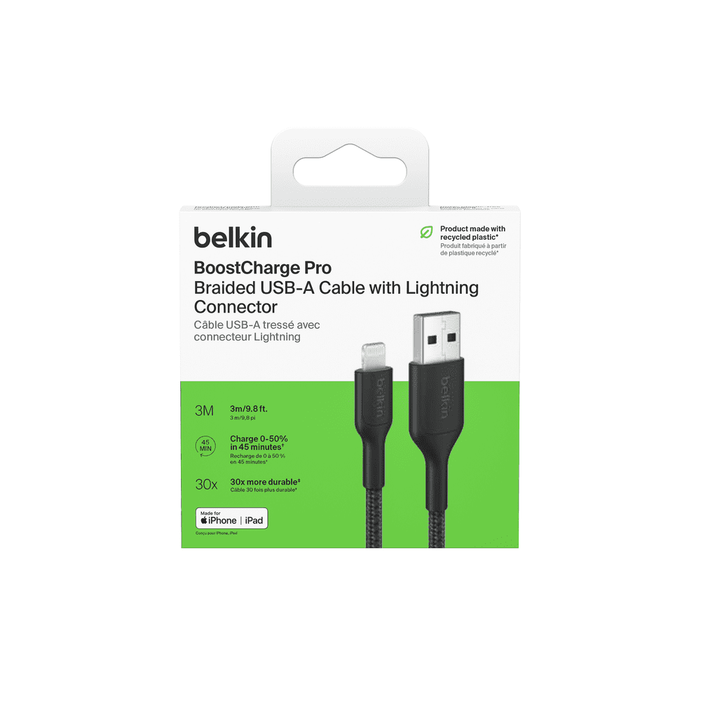Belkin Eco USB A to Lightning Cable 10 ft. - Soft, Braided, Flexible Cable, Fast Charging iPhone Charger Cord for iPhone 14 & Earlier Series, iPad 9th Gen, & AirPods, Travel Essentials - Black
