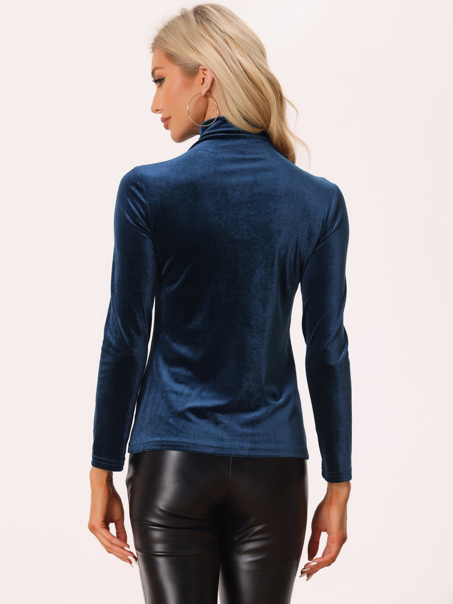 DARING DIVA Turtleneck Stretchy Velvet Basic Blouse S Dark Blue