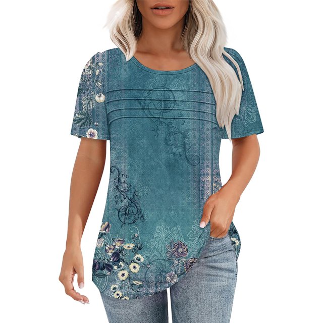 Outfmvch Chemises à Manches Courtes pour Femmes, Col Rond pour Femmes, Chemises Bleues pour Femmes, T-Shirt Formel Vêtements Froissés devant Col en V, Hauts Col Roulé pour Femmes, T-Shirts Graphiques pour Femmes Bleu L