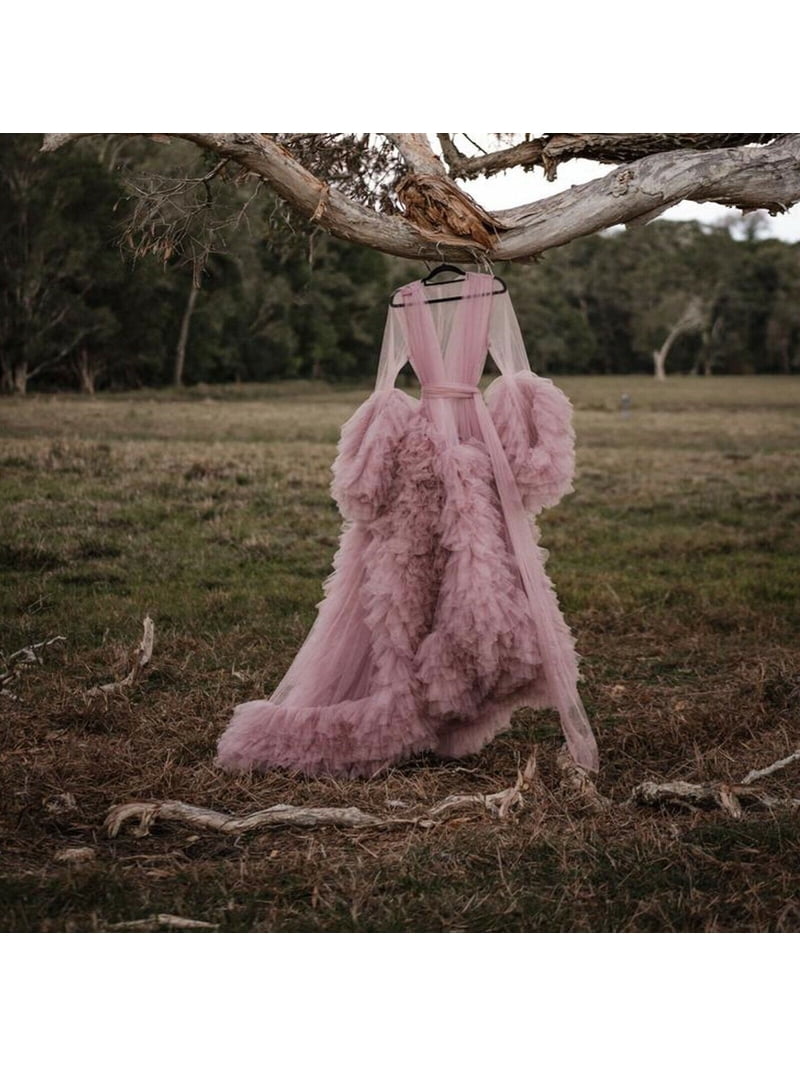 Ufehaho Maternity Photoshoot Dress, Pink Tulle Robe, 2XL Sheer