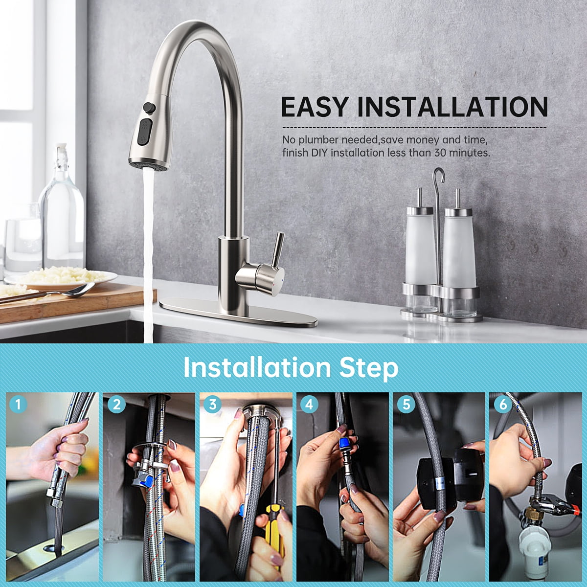 Kitchen Faucets with Pull Down Sprayer, Single Handle Kitchen Sink Faucet with Deck Plate, Brushed Nickel & SUS304 Stainless Steel, Commercial Modern rv Kitchen Faucets for Bar, Laundry, Utility Sink
