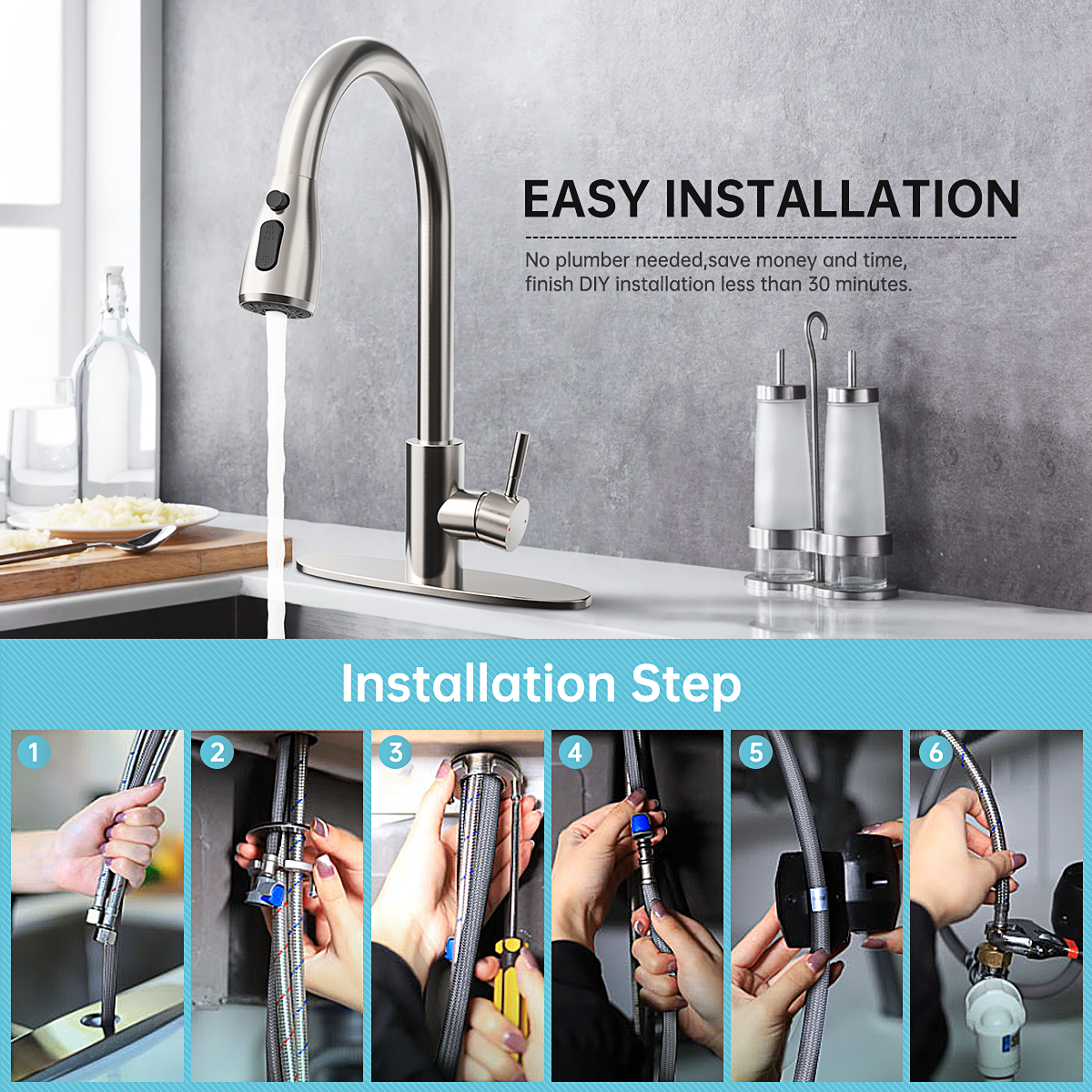 GPED Kitchen Faucet with Pull Down Sprayer, Stainless Steel photo 8