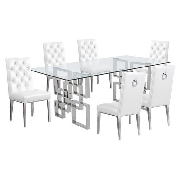 Rectangular Clear Glass 7pc Dining Set with Silver Stainless Steel Base