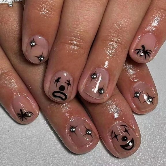 Yoyauz 24PCS Short Fake Nails with Silver Clown Black Spider Design Charm Acrylic Nails Halloween Suitable for Girls and Women