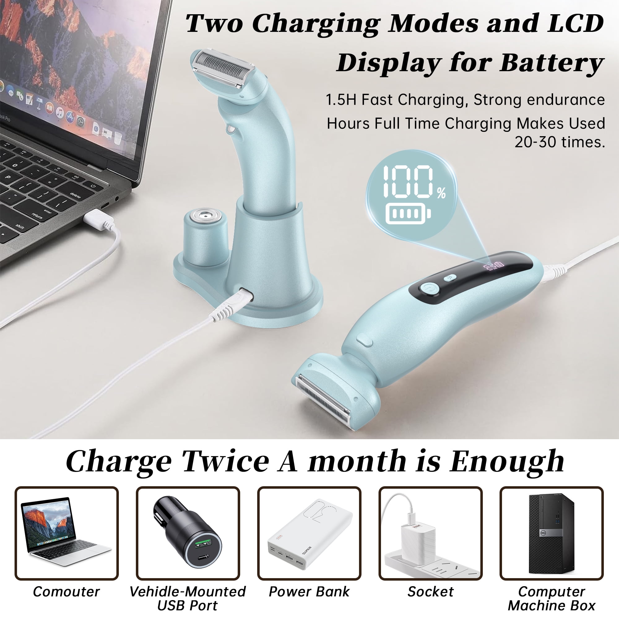 Women Electric Razor, 2 in 1 Electric Shaver for Women, LED Light, Digital Display, Low Noise, Wet Dry Use for Bikini Hair Removal Underarm Public Hairs Legs