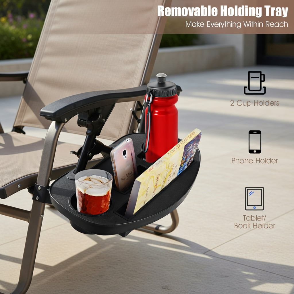Hommoo 2-Pack Foldable Zero Gravity Lounge Chairs with Adjustable Headrest & Removable Tray, Brown
