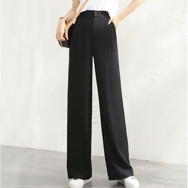 Hjcommed Women's Fashion Casual Full-Length Loose Pants Solid High Waist  Trousers Long Straight Wide Leg Pants Black XL