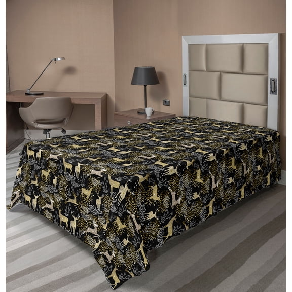 Ambesonne Christmas Flat Sheet, Oriental Deer, Twin Size, Yellow White Black