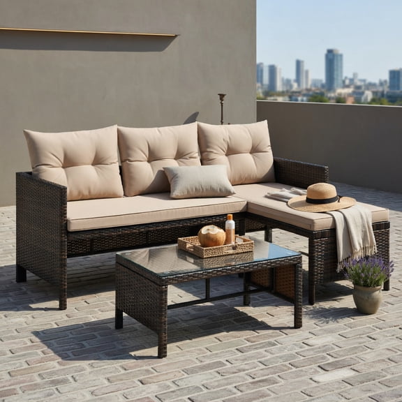 Hommoo 3-Piece Outdoor Wicker Patio Sofa Set with Tempered Glass Coffee Table, Rattan Sectional for Backyard, Deck or Balcony, Brown