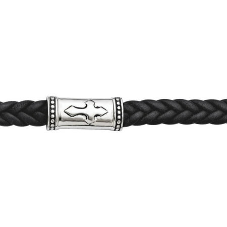Primal Steel Stainless Steel Polished Cross Leather Antiqued Bracelet, 8.25