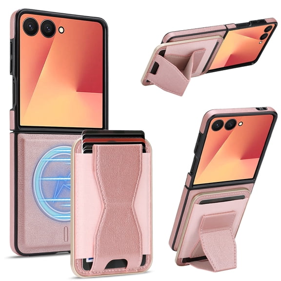 ELEHOLD Magnetic Case for Samsung Galaxy Z Flip8, Faux Leather Protective Cover with Detachable Wallet Card Holder Kickstand, Pink