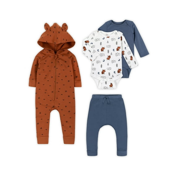 Little Star Organic Baby Boy 4 Pc Mix & Match Hooded Romper Bundle Gift Set, Size Newborn - 24 Months