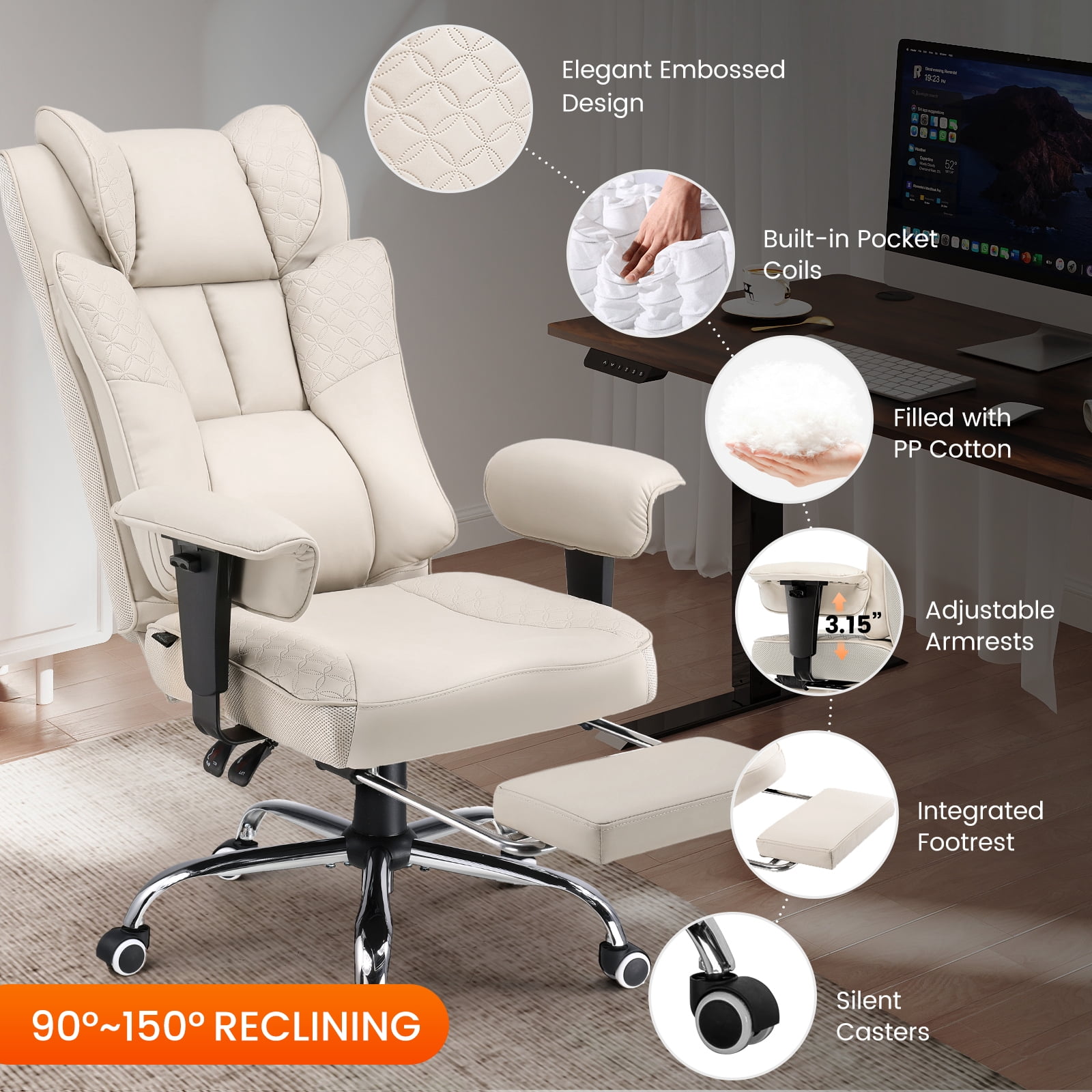 CloudRest Pro 400lbs Executive heavy duty office chair, High Back Ergonomic Computer Desk Chairwith Lumbar Back Support,Beige