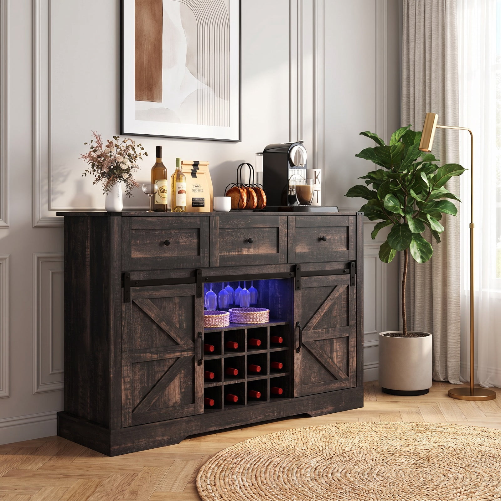 Furnibear 52 Inches Wine Bar Cabinet with LED Lights and Sliding Barn Doors for Living Room Kitchen Dining Home Bar Wine Storage, Black