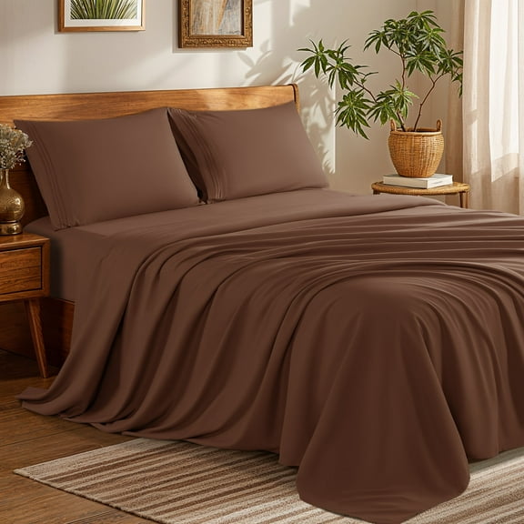 SONORO KATE Bed Sheets Set, 1800 Series Microfiber Deep Pocket 4 Pieces Luxury Soft Sheet Set, King, Brown