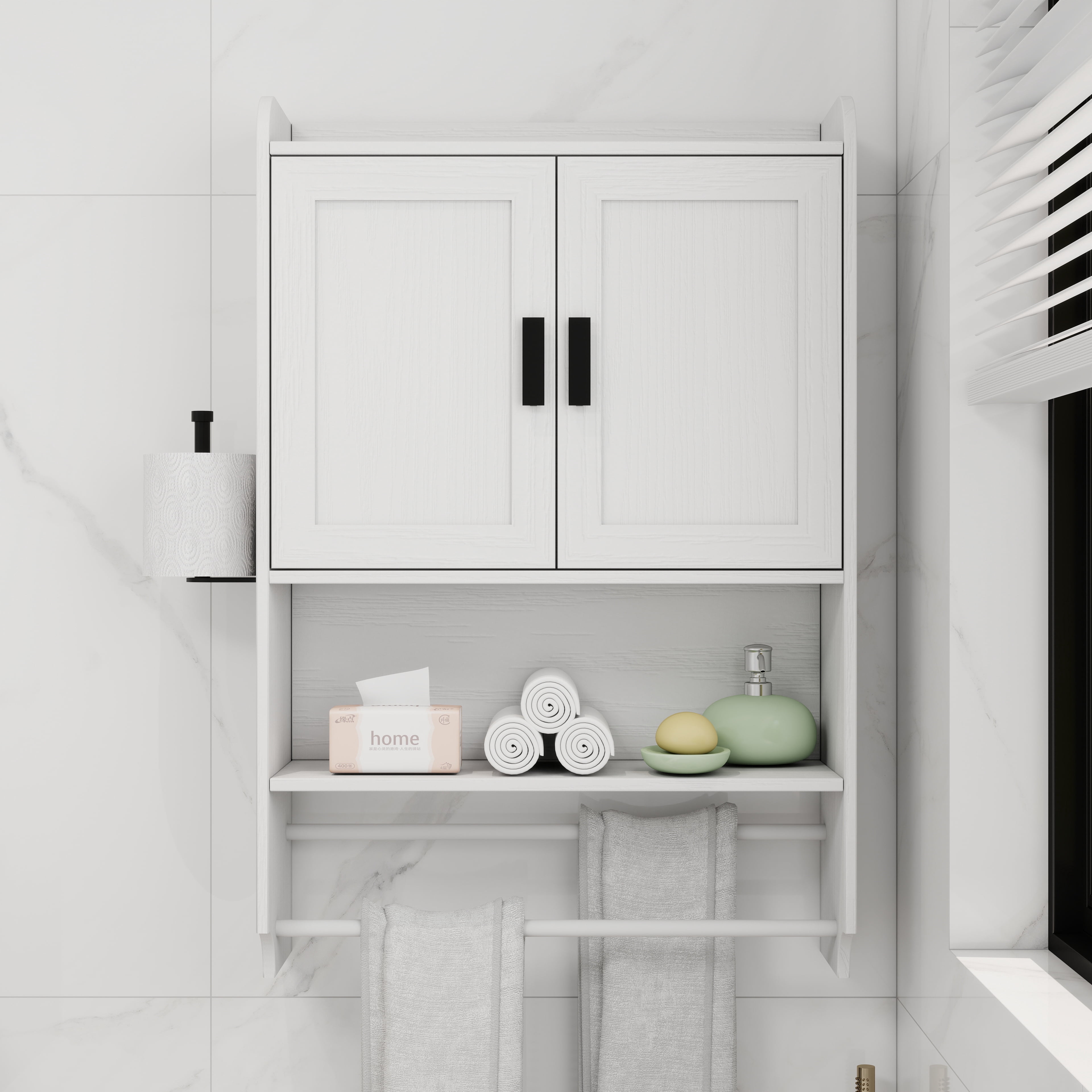 Bathroom 22" Wall Medicine Cabinet with Doors, Adjustable Shelf, Towel Bar and Paper Holder for Bathroom, Living Room, White