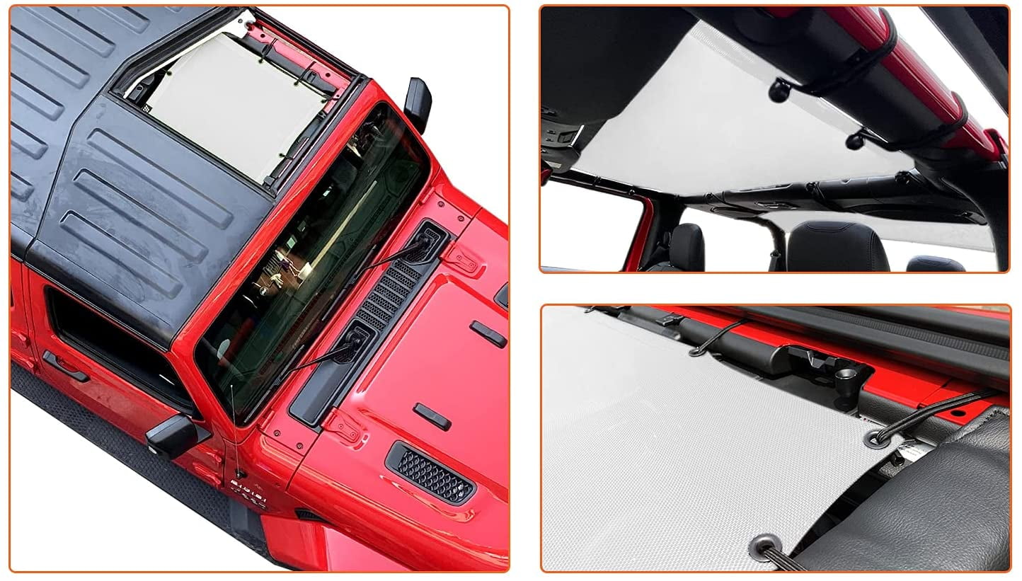 Shadeidea JL Sun Shade for Jeep Wrangler 2 Door Top Sunshade ( 2018 - Current ), Front & Rear - White Mesh Screen Wrangler Cover, UV Blocker with Grab Bag Pouch - 10 Years Warranty
