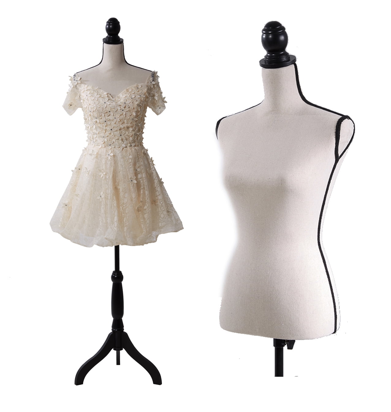 Female Mannequin Torso Dress Form Adjustable Height Black Tripod Stand Base Style Dress Jewelry Display,White