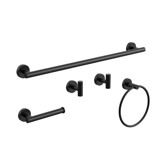 BWE 5-Piece Matte Black Wall-Mounted Bathroom Hardware Set with Towel Bar Hook Toilet Paper Holder and Ring