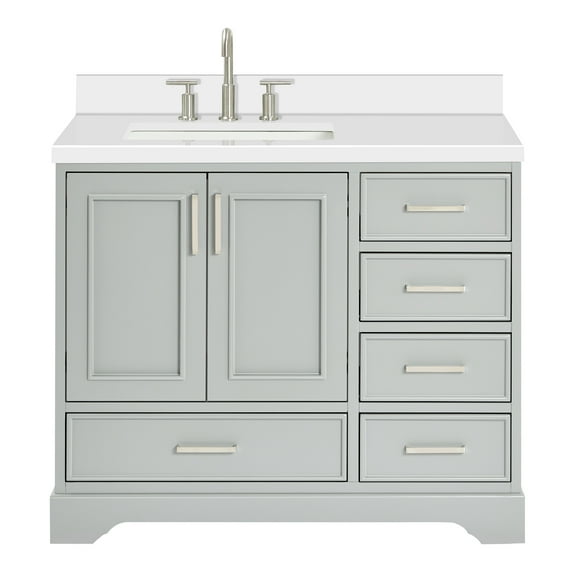 Ariel Stafford 43 Inch Single Left Offset Rectangle Sink Vanity With White Quartz Countertop W/1.5" Edge In Grey